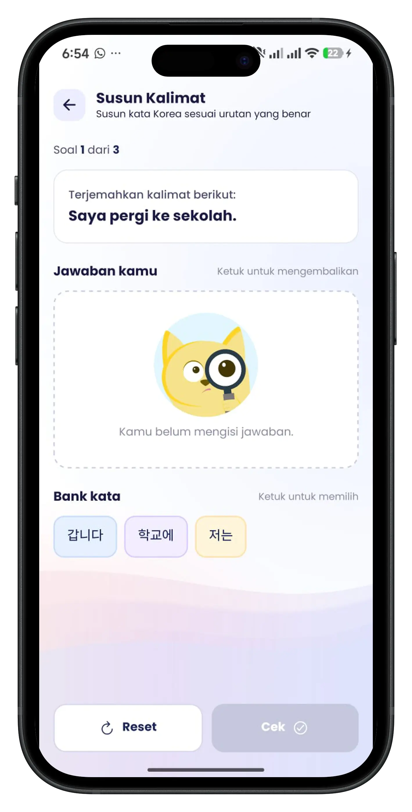 Tampilan latihan susun kata tata bahasa di aplikasi Seori